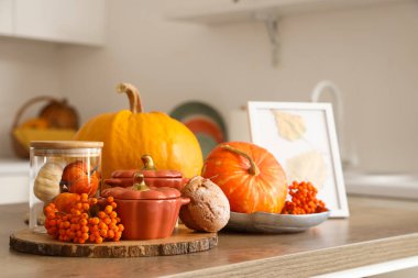 Balkabakları, böğürtlenler ve sonbahar süslemeleri açık mutfakta, yakın plan.