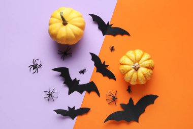 Renkli arka planda Cadılar Bayramı partisi için örümcekli kağıt yarasalar ve taze balkabakları.