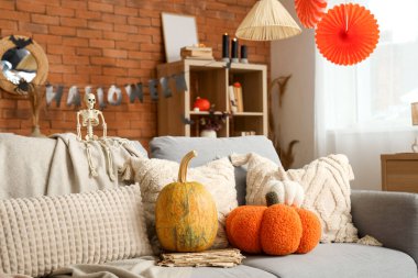 Şenlikli oturma odasında balkabağı ve iskeletli gri kanepe. Cadılar Bayramı