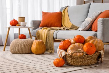 Oturma odasında balkabağıyla süslenmiş kanepe ve kahve masası.