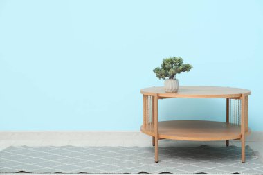 Bonsai ağacıyla ahşap masa ve mavi duvarın yanında şık bir halı.