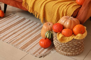 Oturma odasındaki turuncu kanepenin yanında farklı balkabağı ve battaniyeyle hasır sepet.