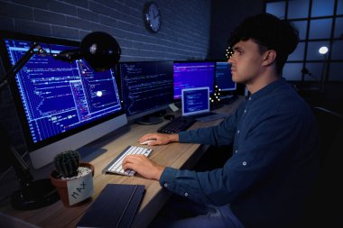 Erkek programcı geceleri ofiste bilgisayarla çalışıyor.