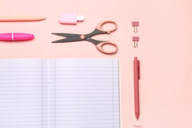 Pembe arka planda farklı kırtasiye malzemesi içeren defter.