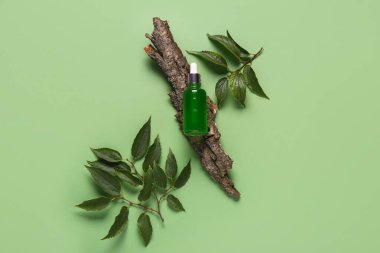 Ağaç kabuğu ve yeşil arka planda yaprakları olan bir şişe kozmetik yağı.