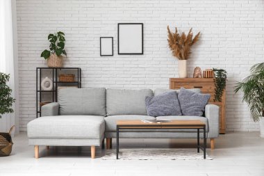 Rahat kanepesi, sehpası ve saksısı olan şık bir oturma odası.