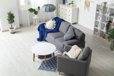 Yumuşak kanepesi, koltuğu ve sehpası olan şık bir oturma odası.