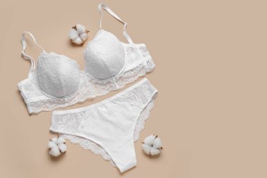 Renkli arka planda zarif kadın iç çamaşırları ve pamuk çiçekleri