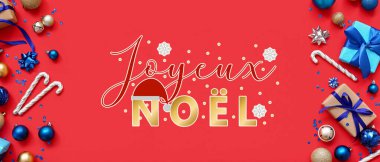 Yazılı sancak JOYEUX NOEL (Fransız Mutlu Noeller) ve süslemeli hediyeler
