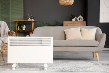 Oturma odasındaki kanepenin yanında elektrikli ısıtıcı var.