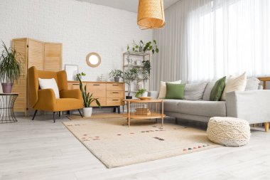 Oturma odasının içinde ayna, gri kanepe ve koltuk var.