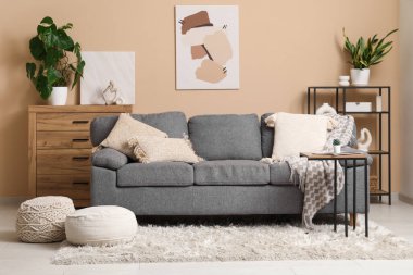 Şık bir oturma odası, rahat bir kanepe, yumuşak bir puf ve çekmeceler.