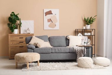 Şık bir oturma odası, rahat bir kanepe, yumuşak bir puf ve çekmeceler.