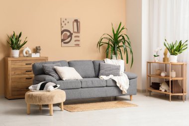 Koltuk, yastıklı puf, raf ünitesi, oturma odasının iç tarafındaki çekmeceler ve ev bitkileri.