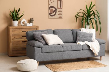 Kanepe, puf, çekmeceler ve ev bitkileri oturma odasının içinde.