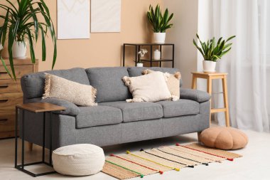 Konforlu kanepe, puf, kahve masası ve oturma odasının iç tarafındaki bitkiler.