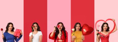 Pembe ve kırmızı arka planda gülleri olan çekici Asyalı genç kadın kolajı.