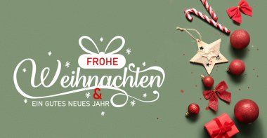 Dekorasyon ve metin ile selamlama pankartı FROHE WEIHNACHTEN EIN GUTES NEUES JAHR (Mutlu Noeller ve Mutlu Yıllar için Almanca)