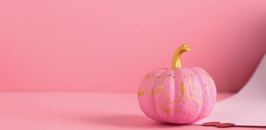 Pembe arkaplanda boyanmış balkabağı ve metin için boşluk