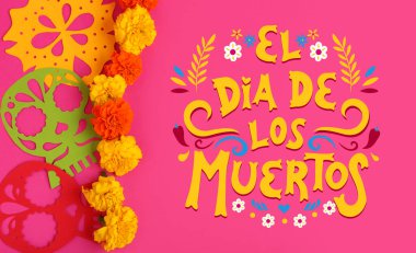 El Dia de Muertos (Meksika Ölüler Günü) için kağıt insan kafatası ve kadife çiçekleri ile selamlama bayrağı 