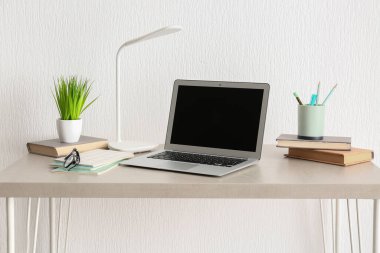 Modern dizüstü bilgisayarı, kitapları ve bej masadaki bitki örtüsüyle rahat bir iş yeri.