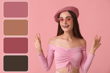 Pembe arka planda şık güneş gözlüğü takan güzel bir genç kadın. Farklı renk desenleri