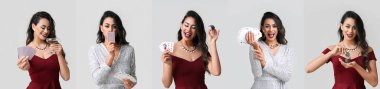 Açık arkaplanda poker fişleri olan güzel Afro-Amerikalı kadınlar.