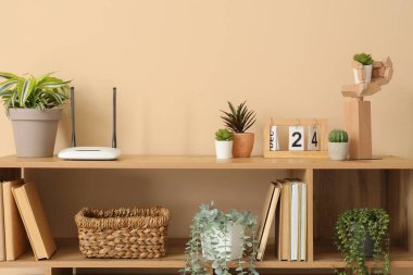 Bej duvarın yanındaki raflarda bitkiler olan modern wi-fi yönlendirici