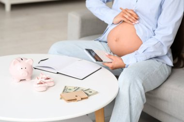 Genç hamile kadın evdeki kanepede hesap makinesi kullanıyor, yakın plan. Annelik Faydası konsepti