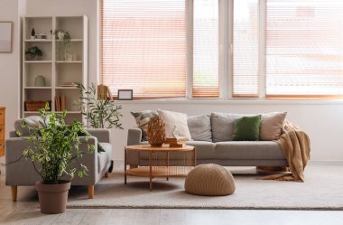 Oturma odasının içinde kanepeler, masa ve raflar pencerenin yanında.