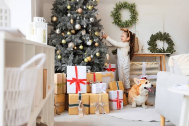 Geyik boynuzları içinde şirin mutlu bir kız hediye kutuları ve Corgi köpeği evde Noel ağacı süslüyor.