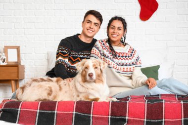 Mutlu genç çift ve köpek Noel arifesinde yatak odasında oturuyor.