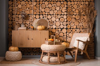 Konforlu koltuklar, balkabakları, sehpa ve sonbaharda oturma odasının iç kısmında bulunan ahşap çekmeceler.