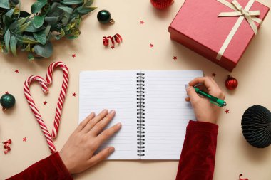 2025 yıllık not defteri ve bej arka planda Noel dekoru yazan kadın.