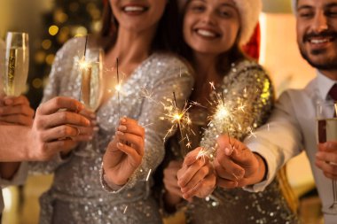 Partide şampanya ve Noel havai fişeği taşıyan gençler, yakın plan.