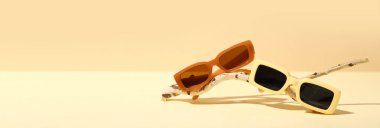 Bej arkaplanda güneş gözlüğü ve metin için boşluk