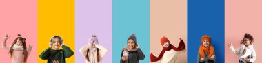 Kış kıyafetleri içinde, renkli arka planda bir grup şirin çocuk.