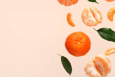 Uçan tatlı olgun mandalinalar ve bej arka planda yapraklar