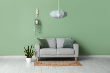 Gri kanepeli şık bir oturma odası, çiçek, halı ve modern asılı lamba.