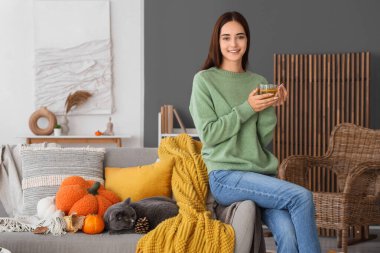 Sonbahar günü evde elinde yeşil çay ve sevimli İngiliz kedisiyle genç bir kadın.