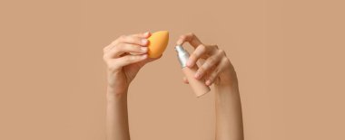 Makyaj temeli ve kahverengi arka planda süngeri olan kadın elleri.