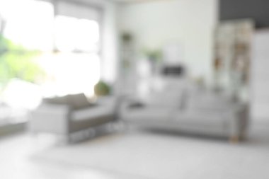 Gri koltukları ve işyeri olan oturma odasının bulanık görüntüsü