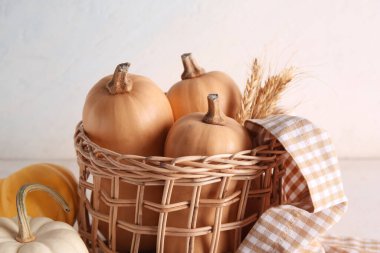 Beyaz arka planda taze balkabağı ve buğdaylı hasır kase.