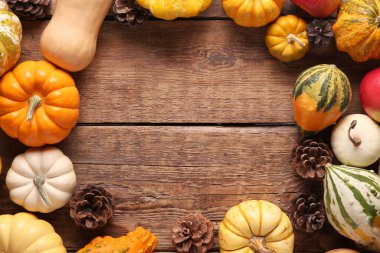 Ahşap zemin üzerinde taze balkabağı, elma ve çam kozalaklarından yapılmış çerçeve