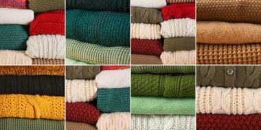 Yığınla kalın giysi, yakın çekim.