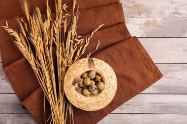 Taze bıldırcın yumurtaları, tüyleri ve gri ahşap arka planda buğdaylı hasır kase.