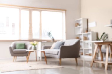 Kanepesi, sehpası, halısı ve penceresi bulanık manzaralı şık bir oturma odası.