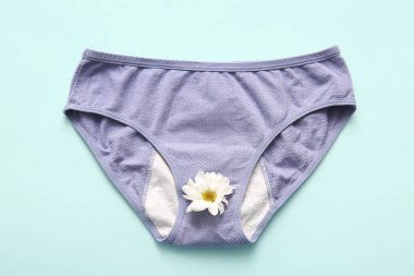 Mavi arka planda papatya çiçeği olan adet külotu.