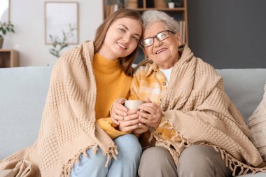 Mutlu kıdemli kadın ve torununun evde kanepede çay içmesi.