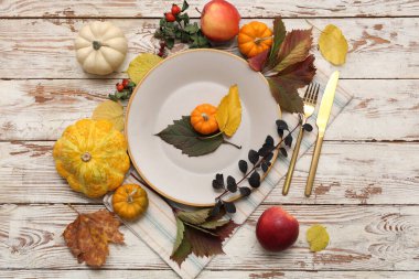 Farklı balkabaklarıyla, elmalarıyla ve sonbahar yapraklarıyla açık ahşap arka planda güzel bir masa.